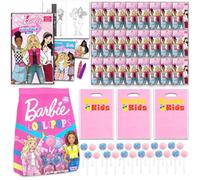Barbie Paquete definitivo de recuerdos de fiesta, juego de 24 invitados con mini bolsas de regalo para colorear y 50 paletas envueltas individualmente, suministros de fiesta de cumpleaños Barbie para