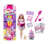 Barbie Party Unboxed Serie Cumpleaños de mascotas Lazos de cumpleaños Muñeca y accesorios, conjunto con 10 sorpresas, como cambio de color y función de decoración de pasteles, JFG70