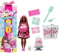 Barbie Party Unboxed Serie Cumpleaños de mascotas Corazones brillantes Muñeca y accesorios, conjunto con 10 sorpresas, como cambio de color y función de decoración de pasteles, JFG71