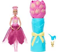 Barbie Muñeca Sorpresa Flor de Tulipán perfumada, vestido rosa y accesorios JMF57