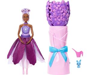 Barbie Petal Pop Muñeca perfumada y Accesorios | Muñeca de moda con vestido floral morado, ramo sorpresa con conejito mascota y sorpresas, +3 años, JMF58