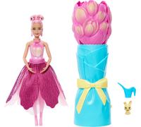 Barbie Muñeca Sorpresa Flor de Tulipán perfumada, vestido rosa y accesorios JMF57