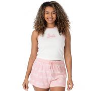 Barbie Pijama Corto Ladies | Logotipo de muñeca de Mujer Chaleco Blanco Acanalado con Pantalones Cortos elásticos Rosas Ropa Ropa Ropa Ropa Mercancía