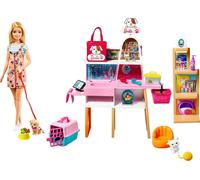 Barbie Pop (blond, 30 cm) en Dierenboetiek, Speelset met 4 hui (Importación USA)