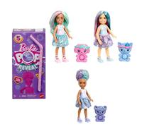 Barbie Pop Reveal Colección Dulces Chelsea Conjunto con 5 sorpresas, incluida muñeca pequeña perfumada, una mascota blandita y cambio de color (los estilos pueden variar), JFY01