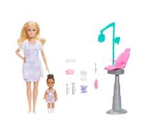 Barbie Profesiones Conjunto de muñeca Dentista con Pelo Rubio y Vestida con una Bata Blanca, muñeca niña pequeña, Silla de Dentista y Accesorios, JMK14