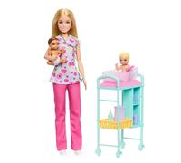 Barbie Profesiones Conjunto de muñeca pediatra con Pelo Rubio y Vestida con una Bata, 2 muñecos bebé, Mesa de reconocimiento y Accesorios, JMK12