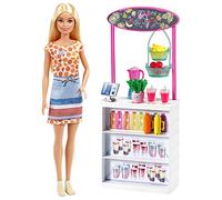 Barbie Puesto de Smoothies Muñeca Rubia con Accesorios y Tienda para Hacer zumos y Batidos de Juguete Mattel GRN75