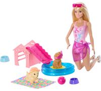 Barbie Puppy Pool Party Toy Playset with Fashion Doll, Doghouse & Slide, Heart-S