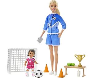 Barbie Quiero Ser Entrenadora de Fútbol con Niña Morena, Muñeca con Accesorios (Mattel GLM47), Multicolor