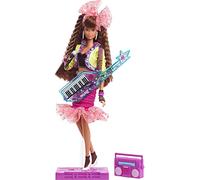 Barbie Rewind 80s Edition Muñeca nocturna de muñecas (11.5 pulgadas morena) en aspecto de fiesta con chaqueta de neón, falda y accesorios, con soporte de muñeca de cinta de cassette, regalo para coleccionistas