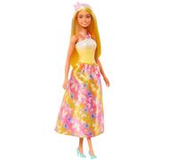 Barbie Royal Muñeca con Pelo de fantasía y mechas Brillantes | Accesorios coloridos, corpiño amarillo degradado y falda con estampado de mariposas, HRR09
