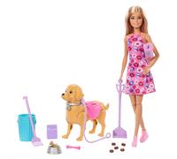 Barbie Set Cachorrito Que anda y Hace Caca con muñeca Malibu | Incluye perrito de juguete que anda y hace caca, recogedor y accesorios para mascotas, JJB46