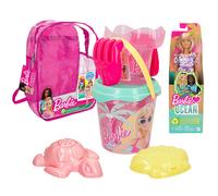 Barbie Set cubo de playa c/accesorios, muñeca Barbie y mochila transporte