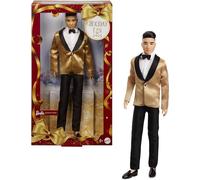 Barbie Signature 2025 Holiday Black Hair Ken - Muñeca coleccionable de moda con traje completo con chaqueta dorada en embalaje visible y soporte para muñecas