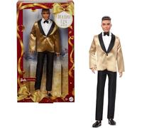 Barbie Signature 2025 Holiday Brown Hair Ken - Muñeca Coleccionable de Moda con Traje Completo con Chaqueta Dorada en Embalaje Visible y Soporte para muñeca