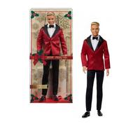 Barbie Signature 2026 Holiday Blonde Ken - Muñeca coleccionable de moda con traje completo con chaqueta roja en embalaje visible y soporte para muñecas