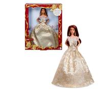 Barbie Signature Barbie Felices fiestas 2025 Muñeca de moda con el pelo marrón oscuro, con vestido dorado y plateado, muñeca de temporada para coleccionistas, incluye embalaje para exponer, JBJ02
