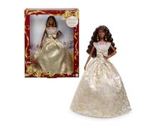 Barbie Signature Barbie Felices fiestas 2025 Muñeca de moda con el pelo negro, con vestido dorado y plateado, muñeca de temporada para coleccionistas, incluye embalaje para exponer y soporte, JBJ01