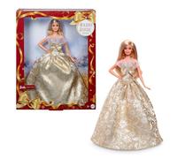 Barbie Signature Barbie Felices fiestas 2025 Muñeca de moda con el pelo rubio, con vestido dorado y plateado, muñeca de temporada para coleccionistas, incluye embalaje para exponer y soporte, JBJ00