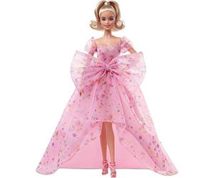 Barbie Signature - Deseos de cumpleaños, muñeca Rubia con Vestido Rosa funfetti con Lazo Grande, Juguete de colección (Mattel HCB89)