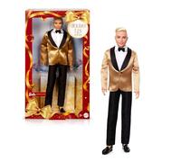 Barbie Signature Ken Felices fiestas 2025 Muñeco rubio coleccionable de moda con traje de chaqueta dorada, incluye embalaje para exponer y soporte para el muñeco, JGK55