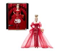 Barbie Signature Muñeca, Mattel Coleccionable del 80.º Aniversario con Vestido Largo de Tul Rojo Brillante, Pendientes Largos y Guantes Transparentes, Pelo Rubio, JBJ17