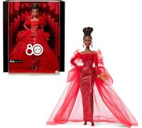 Barbie Signature Muñeca, Mattel Coleccionable del 80.º Aniversario con Vestido Largo de Tul Rojo Brillante, Pendientes Largos y Guantes Transparentes, Pelo Moreno, JBJ18