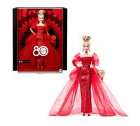 Barbie Signature Muñeca, Mattel Coleccionable del 80.º Aniversario con Vestido Largo de Tul Rojo Brillante, Pendientes Largos y Guantes Transparentes, Pelo Rubio, JBJ17
