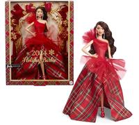 Barbie Signature - Muñecas navideñas 2024, regalo de coleccionista de temporada, vestido a cuadros con lazo rojo, embalaje visible, cabello marrón oscuro