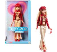 Barbie Signature My Scene Muñeca y Accesorios, Conjunto Inspirado en los años 2000 con una Chaqueta de Piel sintética, Pantalones Acampanados y un Bolso, Incluye un Soporte para la muñeca, HYC17
