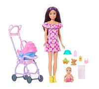 Barbie Skipper Babysitters Inc. Conjunto con muñeca Morena, muñeca Rubia, Cochecito con Sillita de Coche Desmontable y 7 Accesorios, JJB42