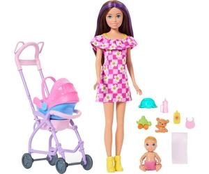 Barbie Skipper Babysitters Inc. Set de Juego con muñeca Morena | Muñeca bebé rubia, cochecito con silla de coche extraíble y 7 accesorios, JJB42