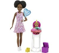 Barbie Skipper Muñeca afromericana Canguro con Vestido y bebé, con Trona de niño de Juguete y Accesorios de cumpleaños (Mattel GRP41)