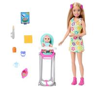 Barbie Skipper Muñeca niñera con Trona, bebé y Accesorios para su Cuidado, Juguete +3 años (Mattel HTK35)