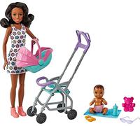 Barbie Skipper Niñera Morena Muñeca con Carrito de bebé y niño, Juguete con 7 Accesorios, Regalo +3 años (Mattel HHB68)