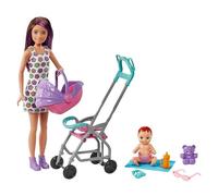 Barbie Skipper Niñera Muñeca con Carrito de bebé y niño, Juguete con 7 Accesorios, Regalo +3 años, Multicolour (Mattel GXT34)