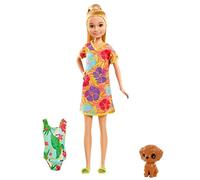 Barbie Stacie Muñeca Morena con Maleta, bañador, Perrito Mascota y Accesorios de Viaje, Regalo para niñas y niños +3 años (Mattel GRT89)