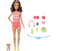Barbie Style Made to Move Wellness Muñeca corredora con Camiseta y Pantalones Cortos Barbiecore Rosas, Cachorro y 9 Accesorios, como riñonera, Visera y Gafas de Sol, JNM28