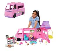 Barbie Súper Caravana DreamCamper Conjunto de juego con tienda de campaña en el techo, columpio, estanque de pesca, barbacoa con función de cambio de color y más de 60 accesorios, incluida masa, HRJ78