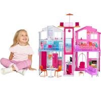 Barbie Supercasa, casa de muñecas con Accesorios, con Cuatro Habitaciones, terraza en la azotea, Detalles realistas, Piscina y Muebles, DLY32