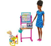 Barbie – Set de muñecas Maestra (morena) y Bebé (rubia) con pizarra, portátil, mochila y tortuga
