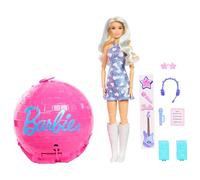 Barbie Team Roll and Reveal Muñeca Estrella del Pop y Accesorios, Rubia, 8 sorpresas y Estuche en Forma de Bola de Discoteca, JMK19