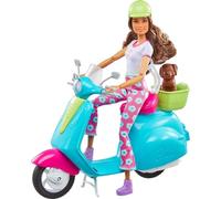 Barbie Travel Playset with Fashionistas Travel Doll (11.5 in Brunette) and Scooter, Pet Puppy, Stickers & Travel Accessories, Gift for 3 to 7 Year Olds