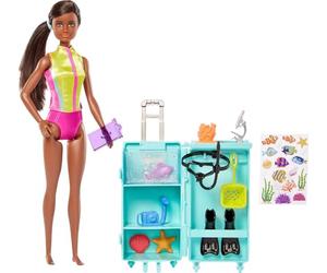 Barbie Tú Puedes ser Bióloga Marina Morena Muñeca con Maleta Laboratorio, delfín y Accesorios Profesiones, Juguete +3 años (Mattel HMH27)