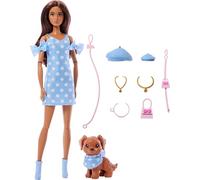 Barbie Muñeca Twinning Looks JFP38 – pelo castaño, perro, ropa azul de lunares y accesorios