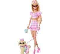 Barbie Twinning Looks Muñeca con perro mascota con ropa de vichy rosa a juego y accesorios como gafas de sol, collares y lazos, rubia, JFP36