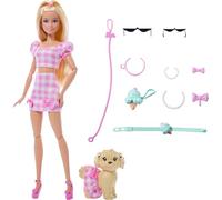 Barbie Twinning Looks Muñeca con perro mascota con ropa de vichy rosa a juego y accesorios como gafas de sol, collares y lazos, rubia, JFP36