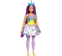 Barbie Unicornio Muñeca con Pelo y Cuerno Azul, Falda arcoíris y Accesorios fantasía, Juguete +3 años (Mattel HGR20)