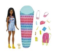 Barbie Vamos de Camping Brooklyn Muñeca Morena con Mochila, Saco de Dormir y Accesorios de Juguete (Mattel HDF74)